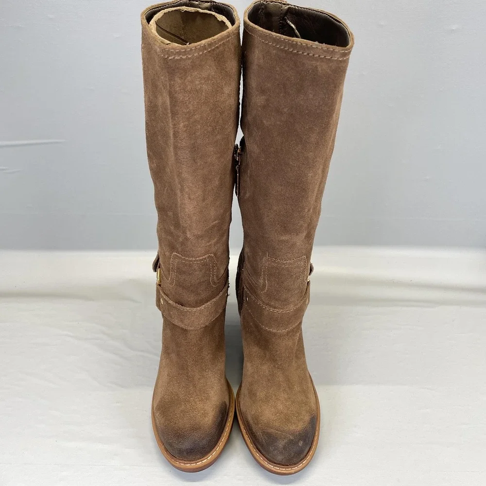 Talbots Harness Boots Womens Size 6 Brown Suede Knee High Riding Side Zip Shoes